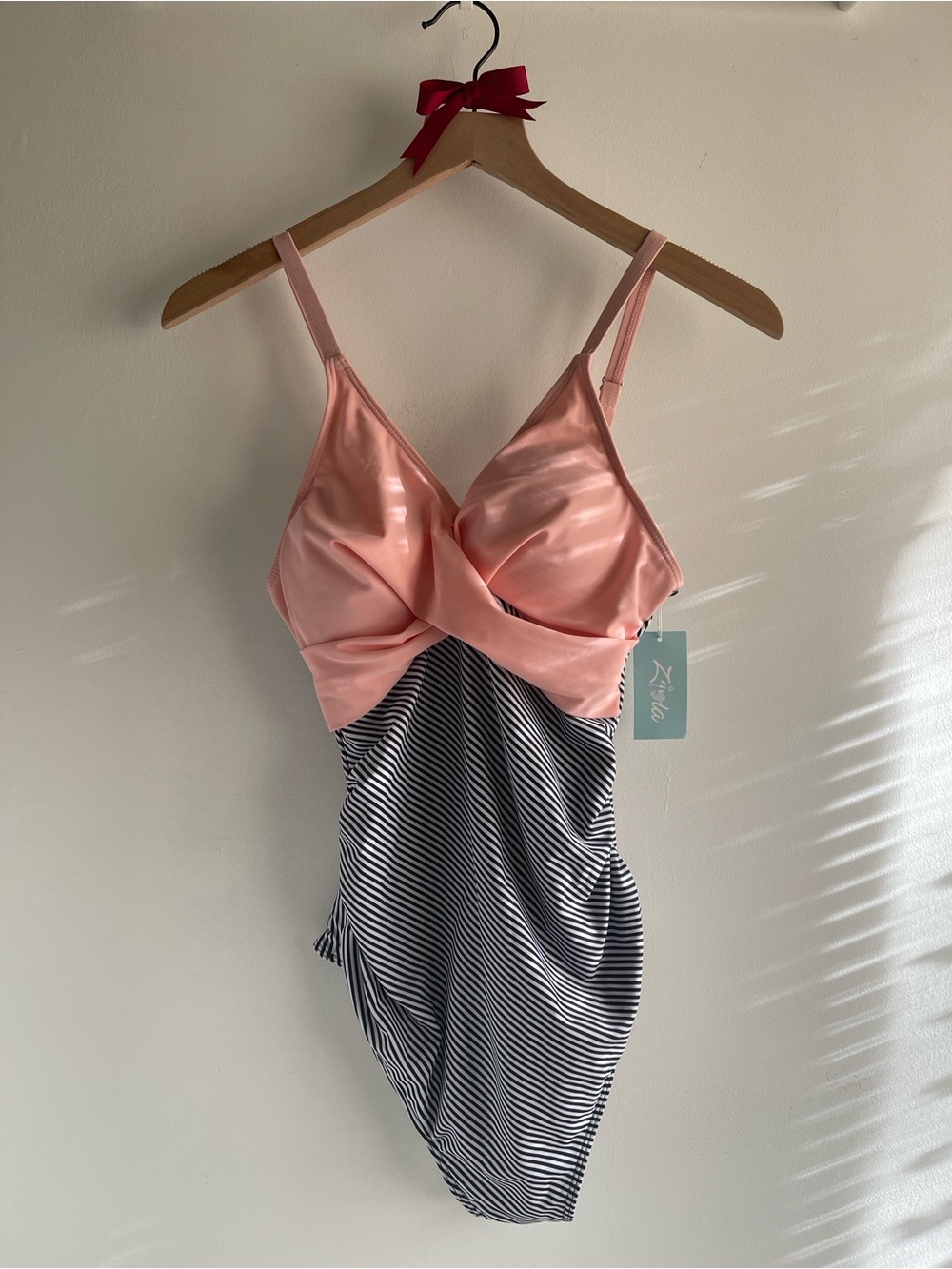 NWT Ziola Pink Maternity Swimsuit Ruched Stripe Adjustable Straps Resort Beach